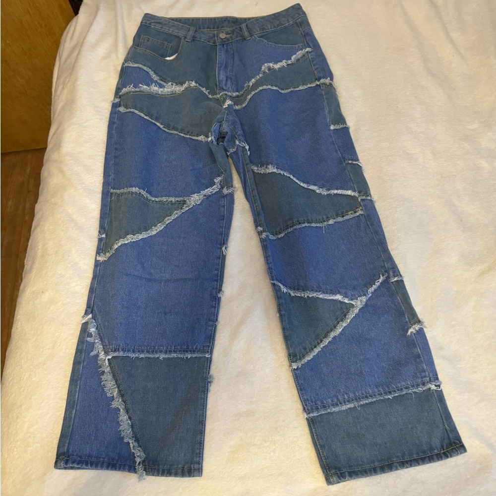 High-waist two tone raw trim straight leg jeans